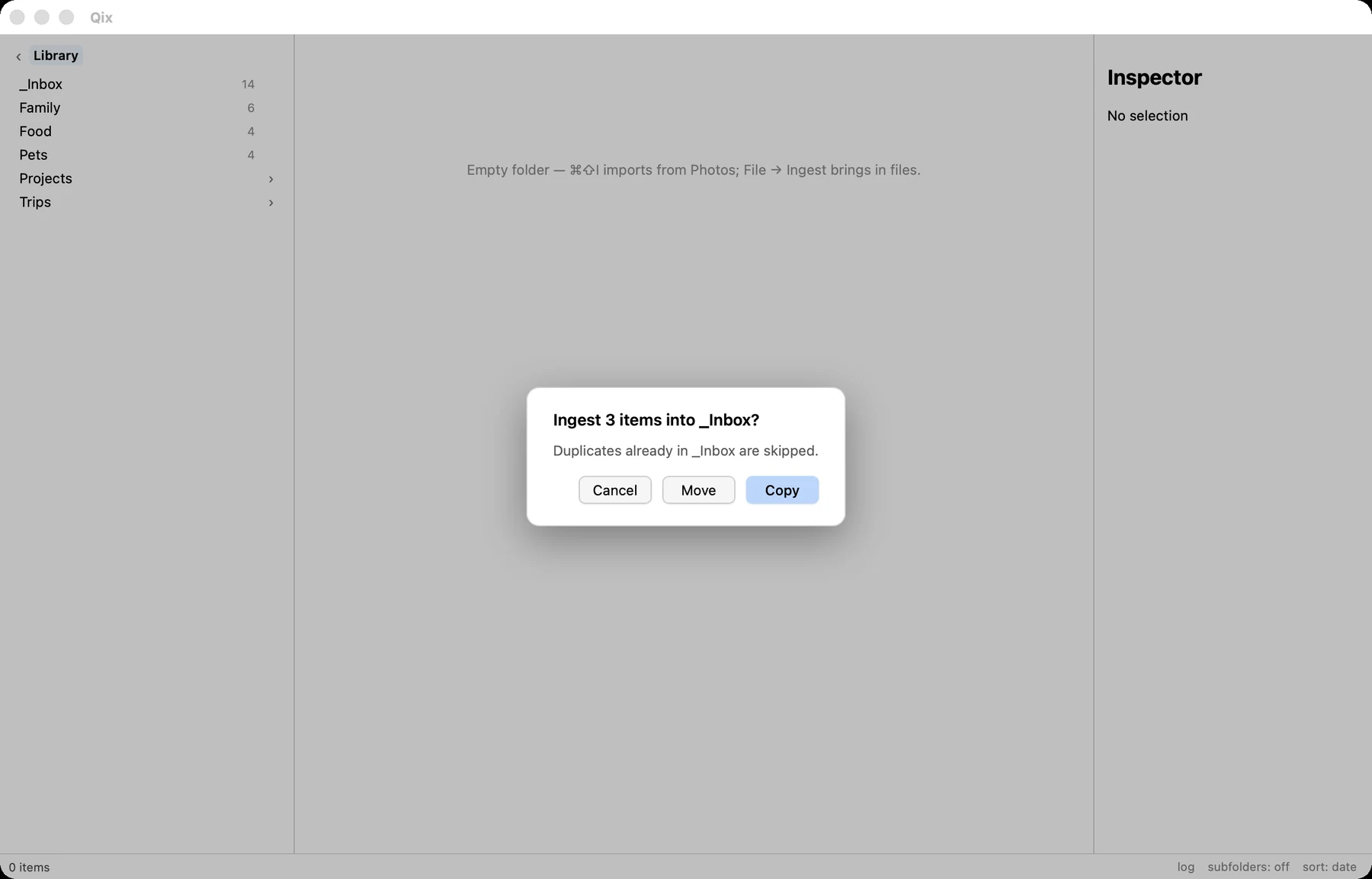 The ingest prompt offering copy or move for a batch