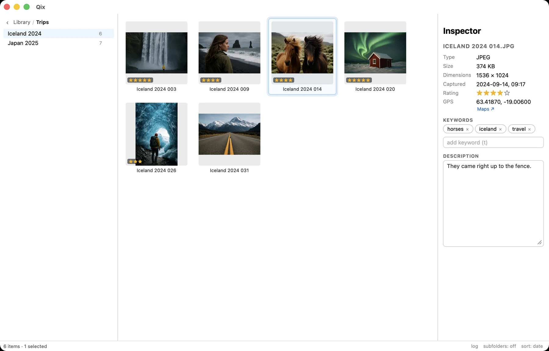 Inspector showing metadata for a rated, keyworded photo