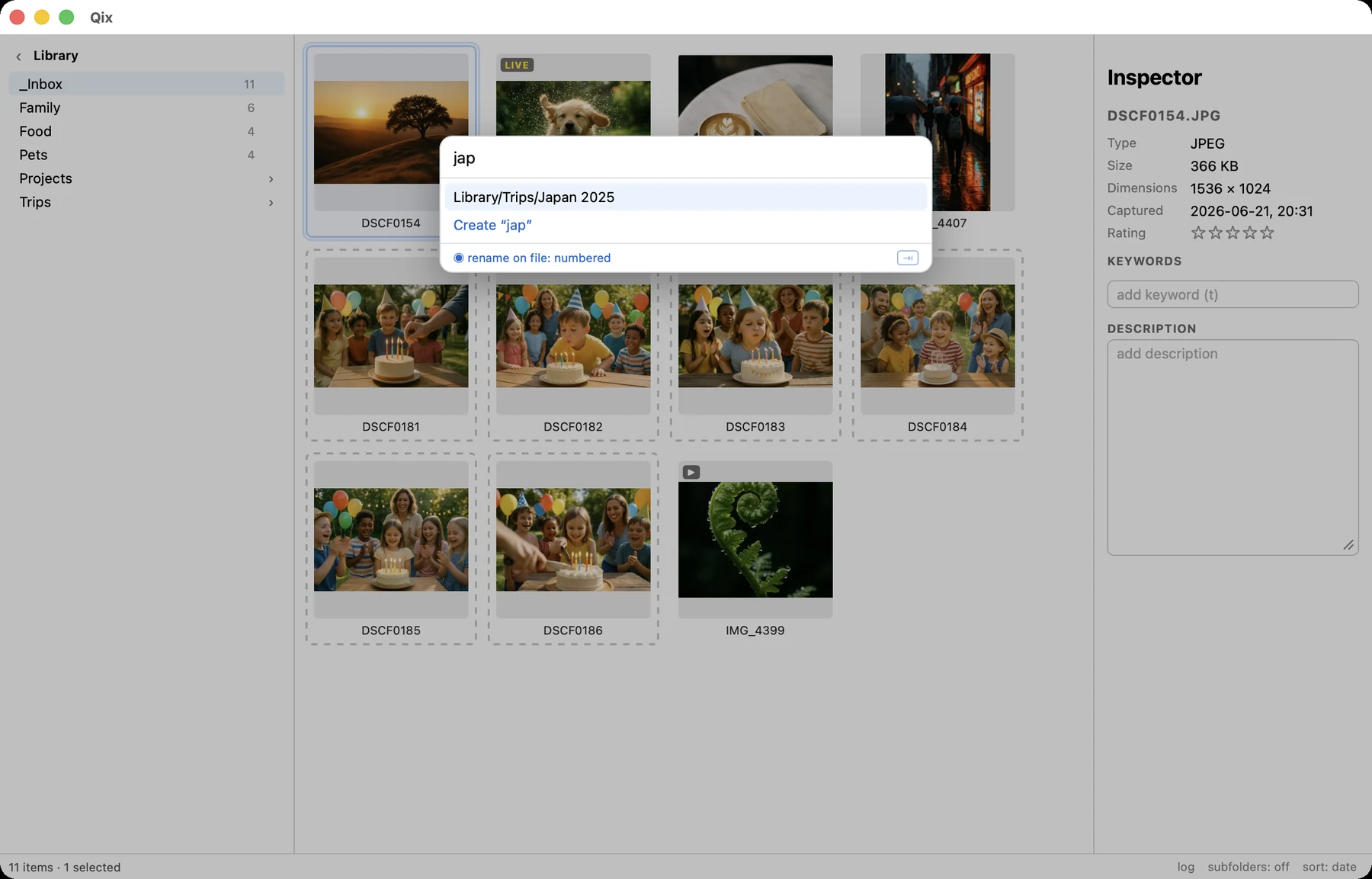 The quick-move palette matching 'jap' to Trips/Japan 2025 with the rename toggle visible