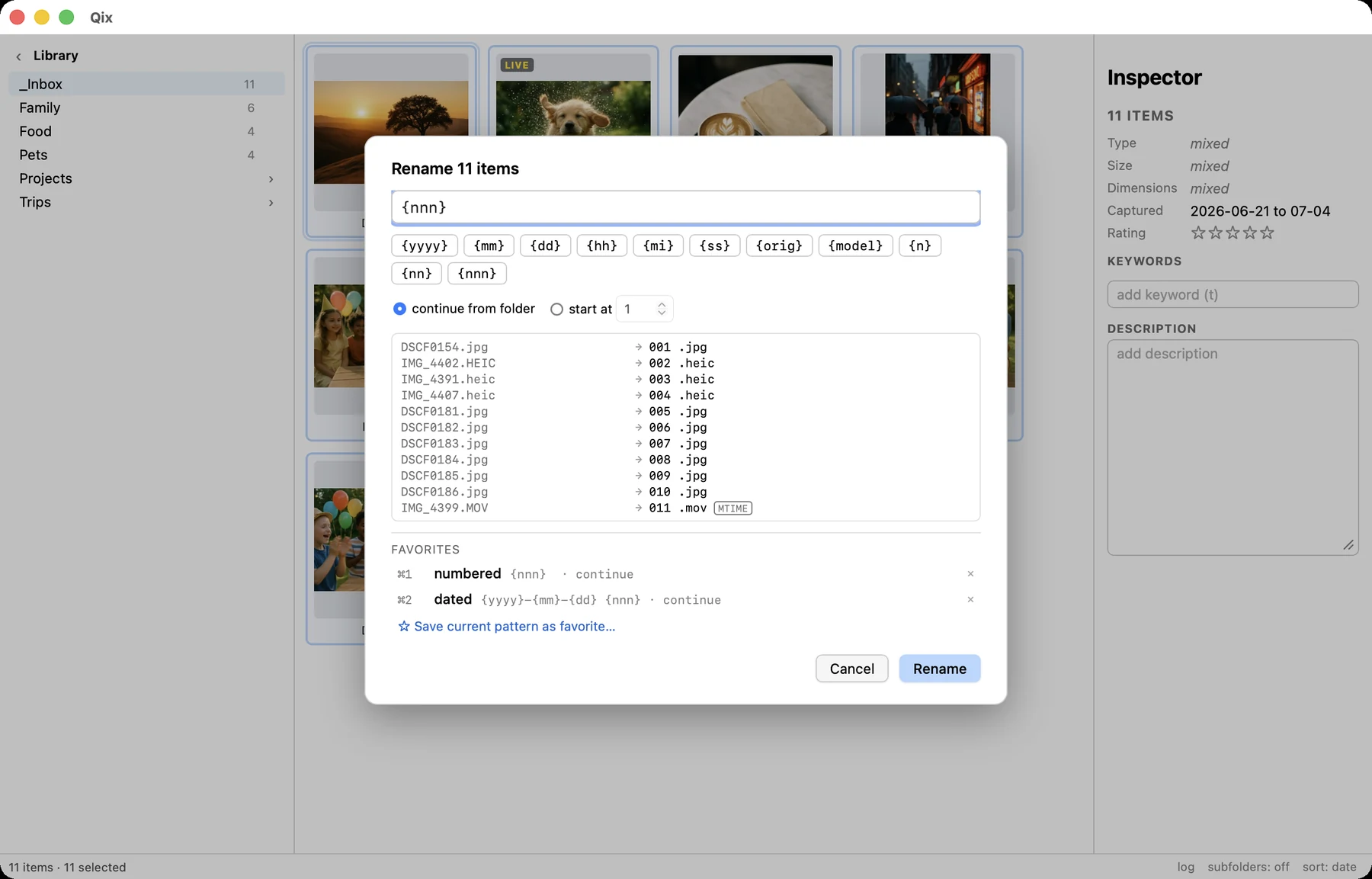 The batch rename dialog with a live preview of new filenames