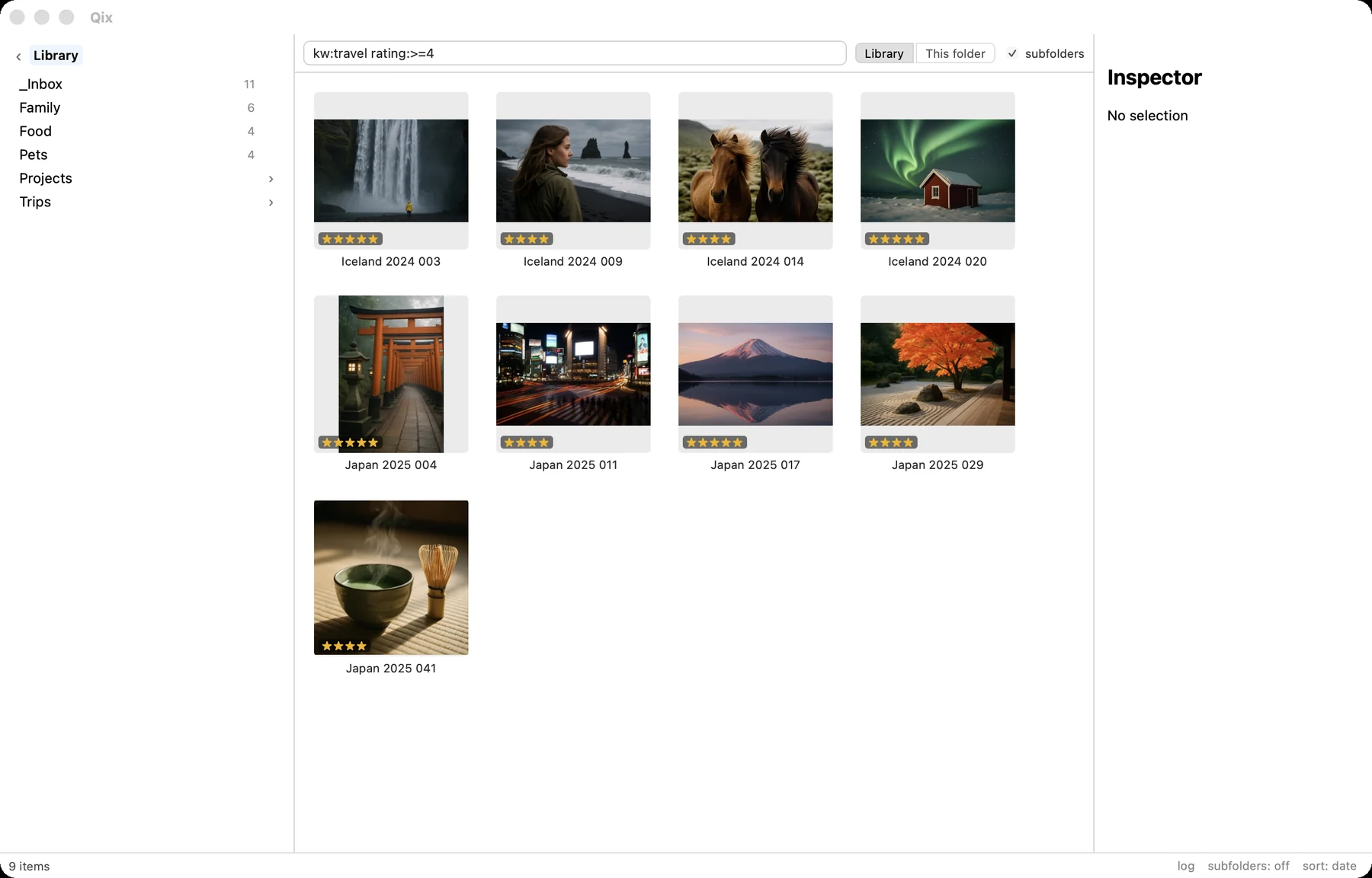 Library search for kw:travel rating:>=4 showing results across trip folders